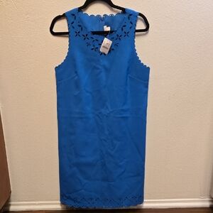 NWT, J. Crew Blue Laser Cut-out Shift Dress w/ Scalloped Sleeves & Hem, Size 8